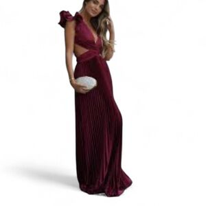 Toperth Ruffle Shoulder V Neck Lace Up Back Maxi Dress Burgundy Wine Size L